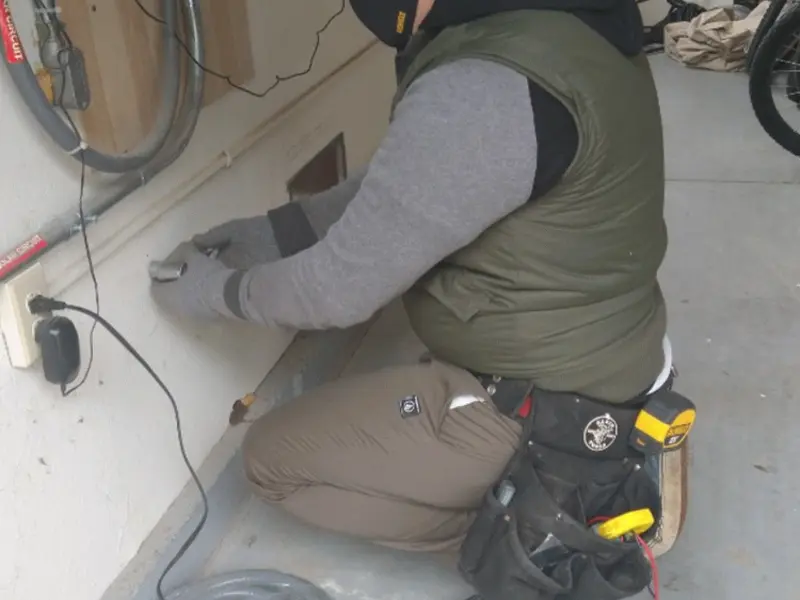 Electrician performing outlet wiring in a Bryant garage